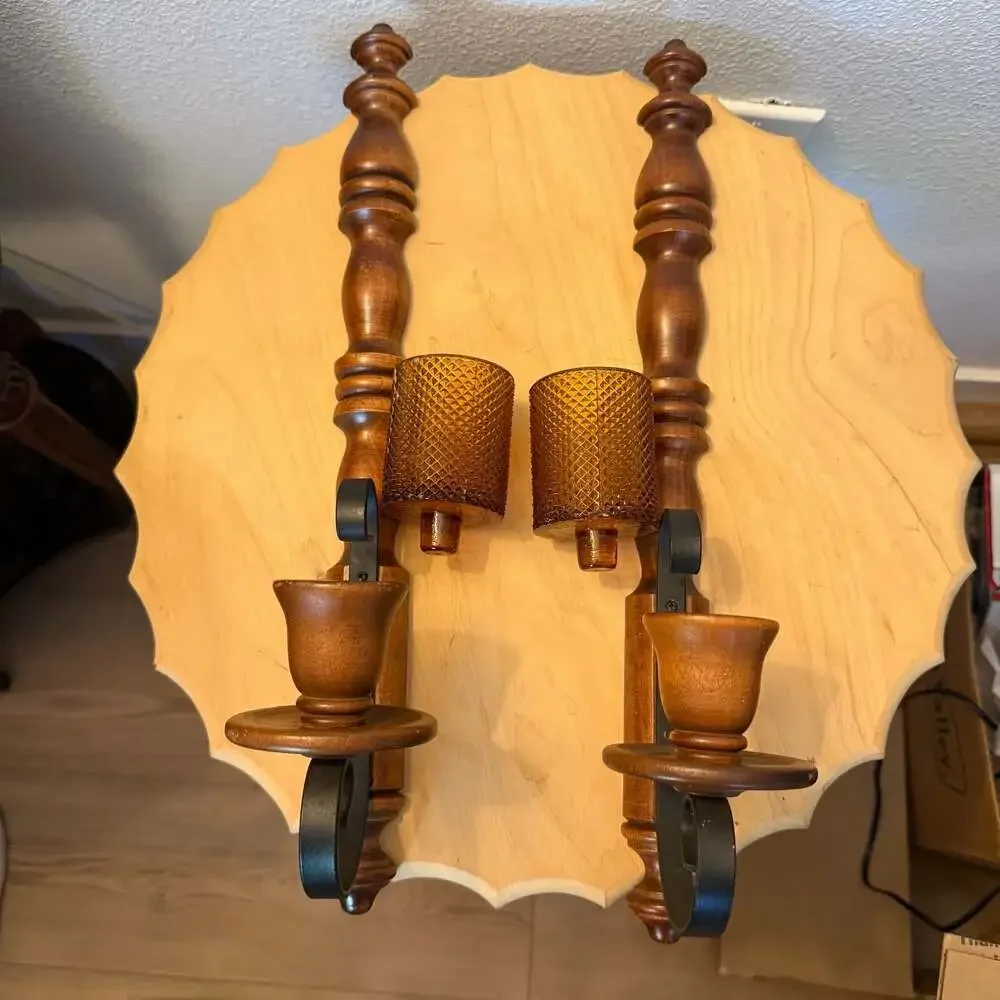 Vintage Wood and Metal Wall Sconces with Amber Diamond Point Glass Votives